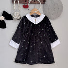 Clothing  Elegant Velvet Long Sleeve Dress with Glitter Star Print, Turn-Down Collar Princess Cut, Children's Formal Dress - BsBuy