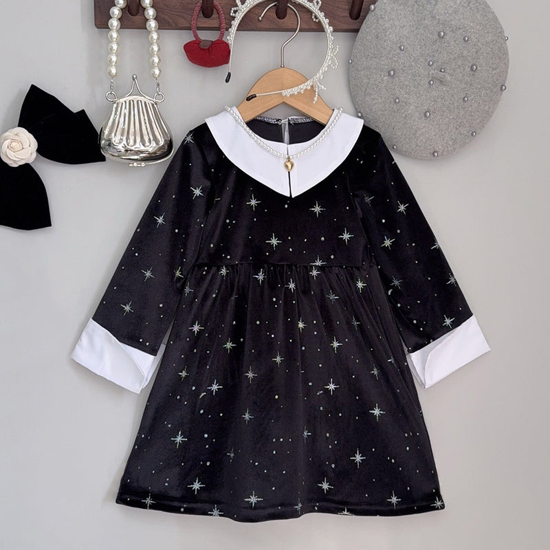 Clothing  Elegant Velvet Long Sleeve Dress with Glitter Star Print, Turn-Down Collar Princess Cut, Children's Formal Dress - BsBuy