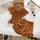 Summer Girls' Outfit Set with Bowknot Drawstring Short Sleeve Top and Shorts, Two-Piece Casual Kids Clothing - BsBuy