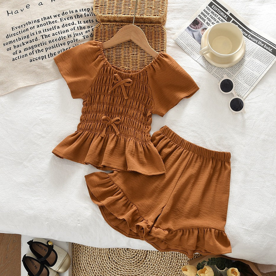 Summer Girls' Outfit Set with Bowknot Drawstring Short Sleeve Top and Shorts, Two-Piece Casual Kids Clothing - BsBuy