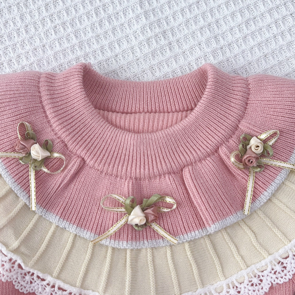 Cute Knit Dress for Girls with Flower Pattern, Long Sleeve Pullover Princess Style Casual Wear - BsBuy