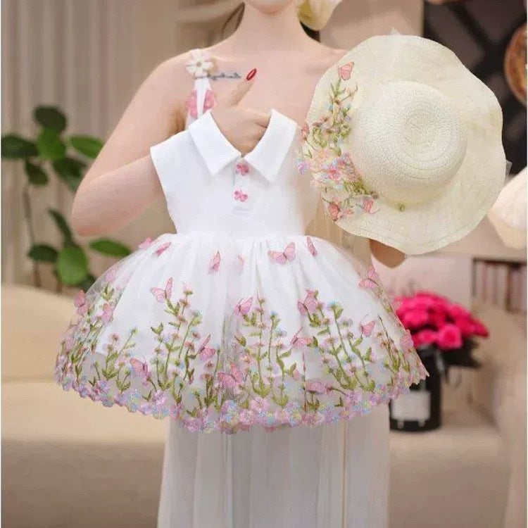 Charming Embroidered Floral Tulle Puff Dress for Girls, Princess Style Formal Dress - BsBuy