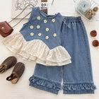 Girls' Denim Set Summer New Style Daisy Polka Dot Tulle Denim Vest and Wide Leg Pants Two-Piece Set - BsBuy