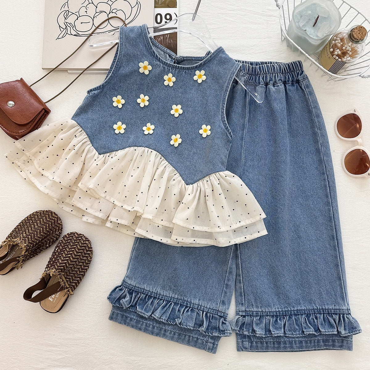 Girls' Denim Set Summer New Style Daisy Polka Dot Tulle Denim Vest and Wide Leg Pants Two-Piece Set - BsBuy