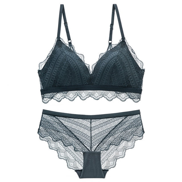 Ultra-Thin Cotton Lace Bra & Panty Set — Embroidery Lingerie | Wire-Free | Black, Blue, Brown & White - BsBuy