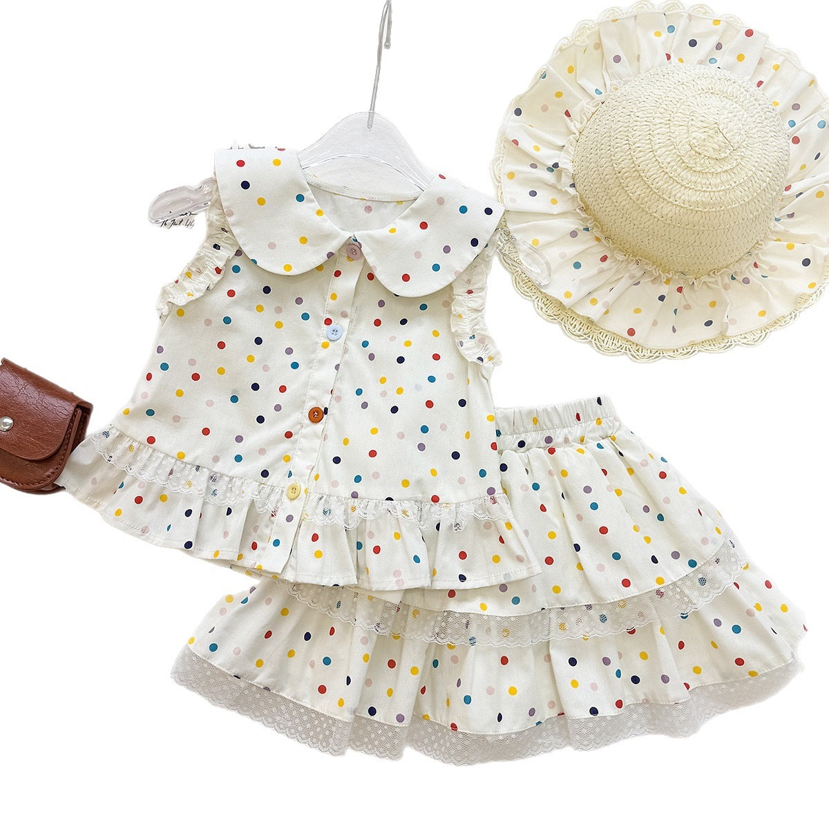 Cute Polka Dot Outfit for Girls, Baby Doll Collar Sleeveless Top with Layered Skirt Two-Piece Set, Fashionable Casual Wear - BsBuy