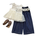 Summer Girls' Outfit Set  Letter Print Mesh Tank Top Polka Dot Wide Leg Pants Two-Piece Set - BsBuy