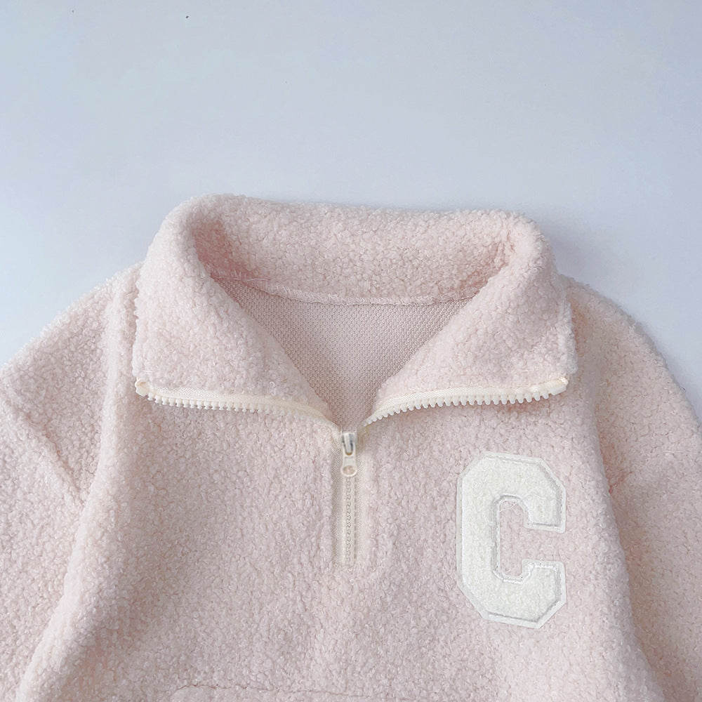 Fall Winter  Girls' Simple Letter Fleece High Neck Coat and Long Pants Two-Piece Set - BsBuy
