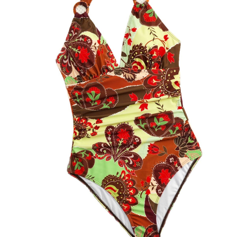 Split swimsuit women's print tight backless deep V-neck - BsBuy
