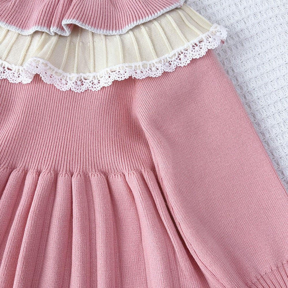 Cute Knit Dress for Girls with Flower Pattern, Long Sleeve Pullover Princess Style Casual Wear - BsBuy