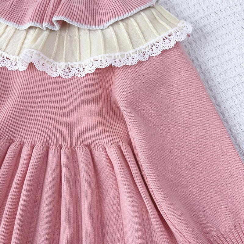 Cute Knit Dress for Girls with Flower Pattern, Long Sleeve Pullover Princess Style Casual Wear - BsBuy
