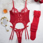 Floral Embroidery Mesh Bra Set — Steel Ring Fishbone Suspender | 2-Piece | Black, White & Red - BsBuy