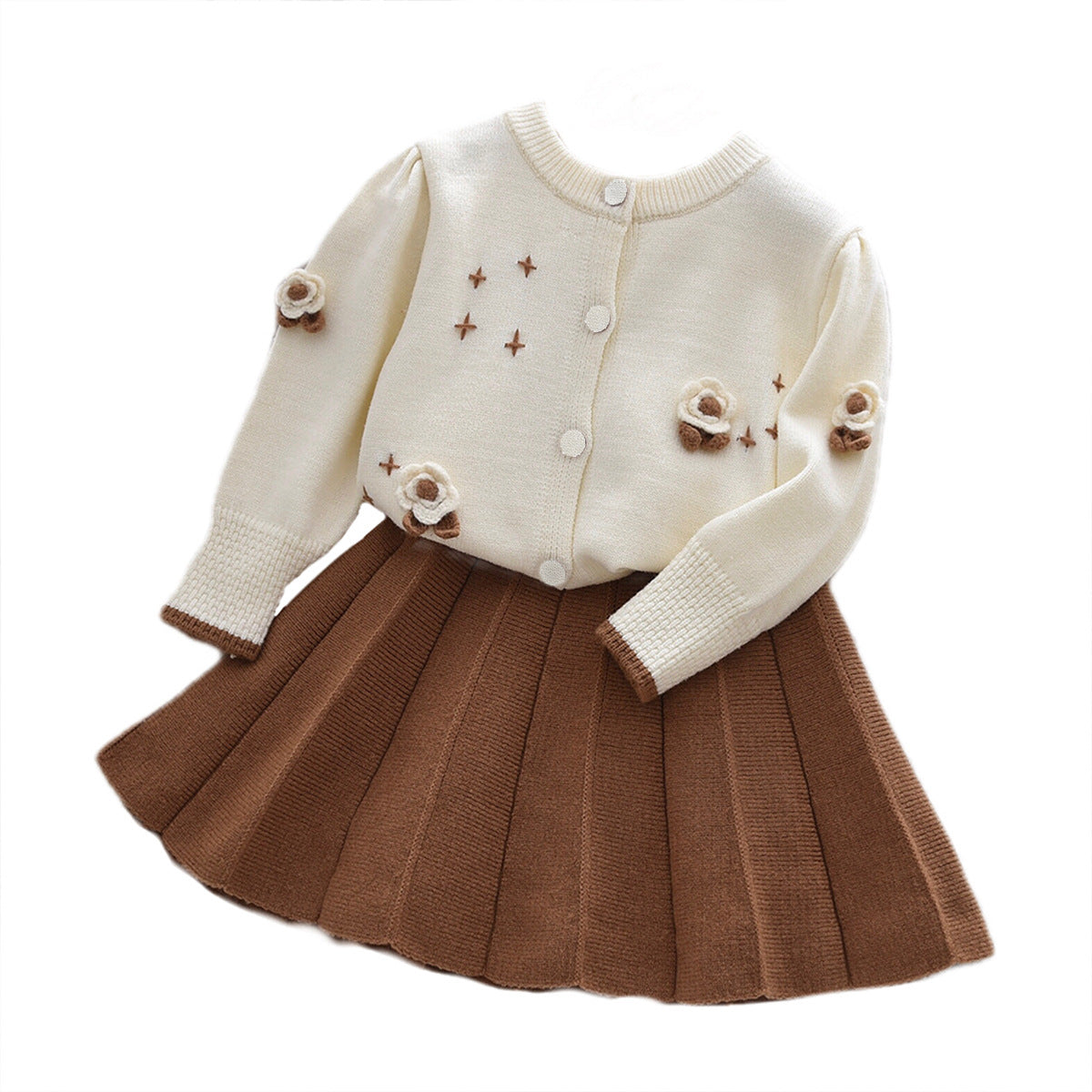 Cute Girl Knit Sweater Set with 3D Flower Round Neck Cardigan and Short Skirt, Two-Piece Outfit for Autumn and Winter - BsBuy