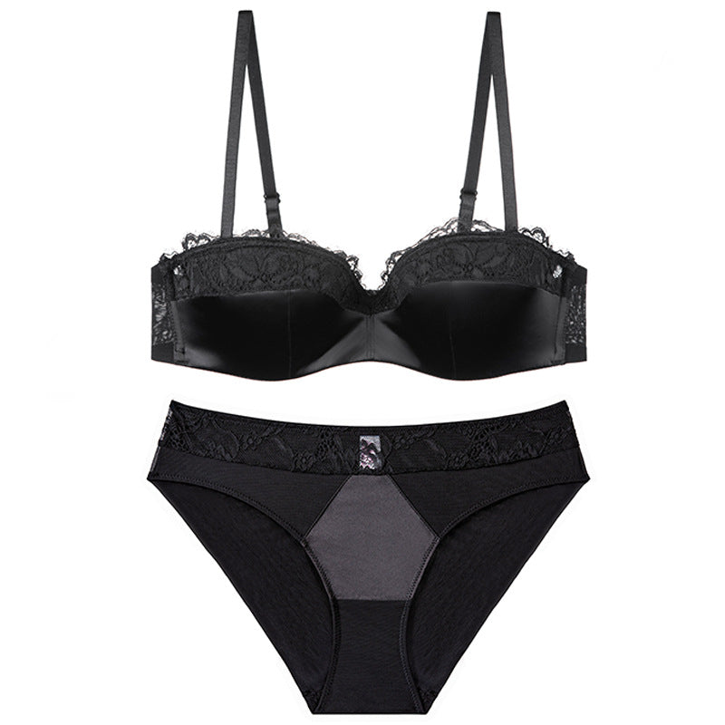 French Half-Cup Lace Gathering Bra Set — Seamless Smooth, Lift & Comfort | Pink, Nude, Red & Black - BsBuy