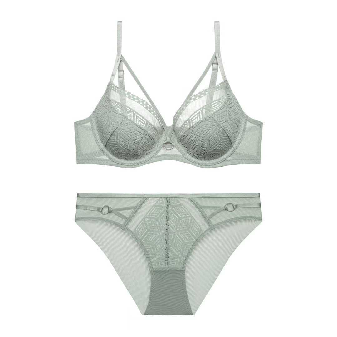 Lace Steel Ring Minimiser Bra Set — Anti-Sagging, Gathering & Lift | 3/4 Cup | White, Black, Red & Green - BsBuy