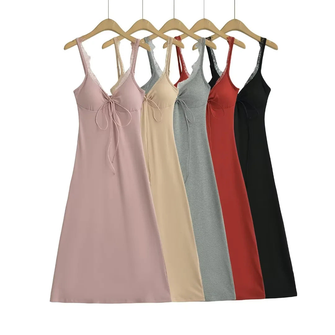 Long dress with bra pads lace trim and straps - BsBuy
