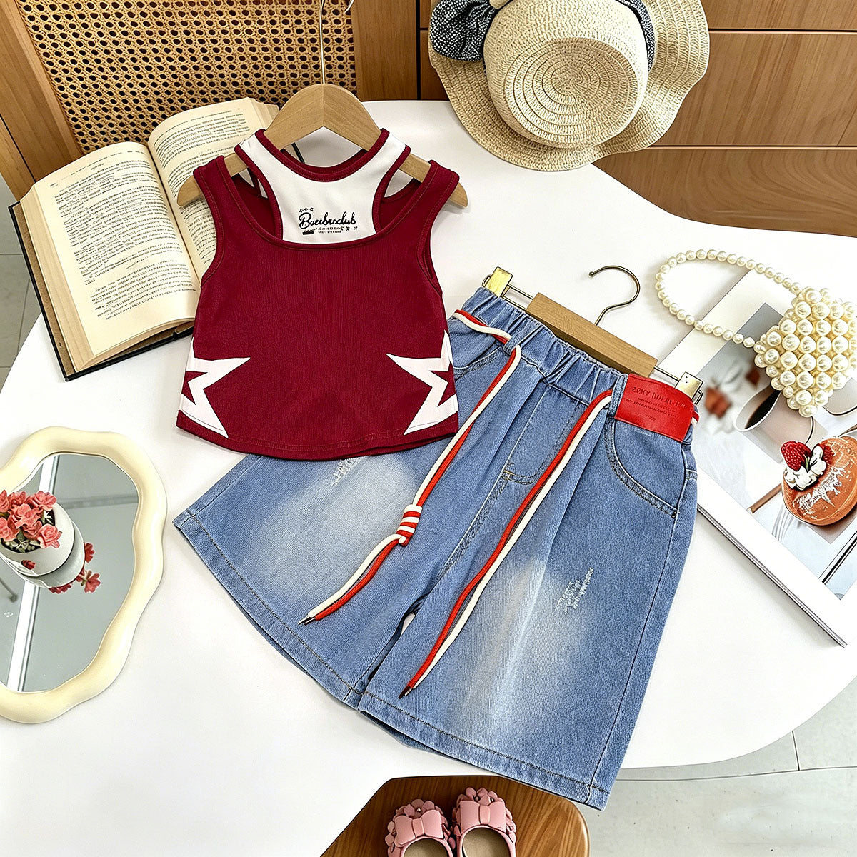 Fashionable Summer Outfit for Girls, Stylish Short Sleeve Trendy Denim Mid-Length Pants Two-Piece Set - BsBuy