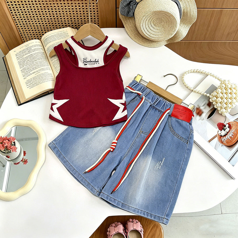 Fashionable Summer Outfit for Girls, Stylish Short Sleeve Trendy Denim Mid-Length Pants Two-Piece Set - BsBuy