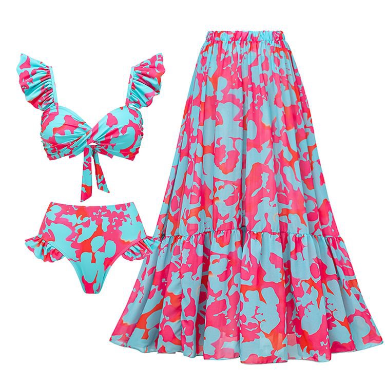 High-Waist Bikini Two-Piece Swimsuit with Beach Vacation Skirt Set for Women - BsBuy