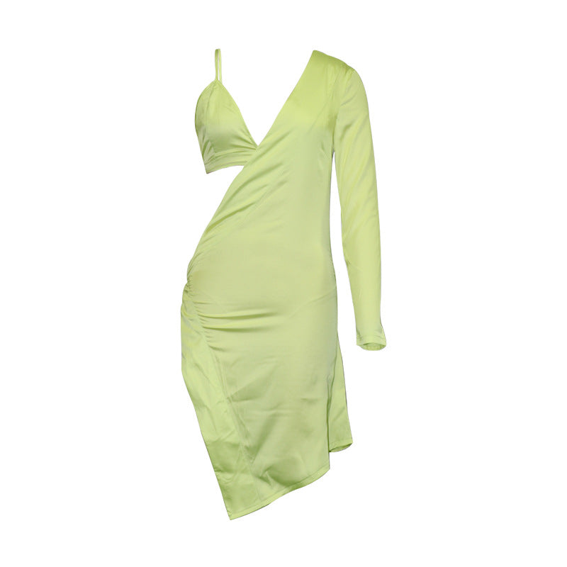One-Shoulder Bra Mini Dress — Asymmetric Long Sleeve | Night Club & Party Wear | Black, White & Yellow - BsBuy
