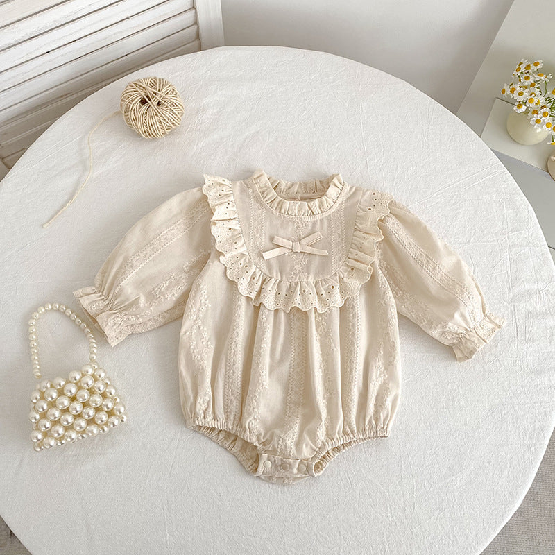 Spring and Autumn Baby Romper, Long Sleeve Embroidered Onesie with Lace Collar, Cotton Baby Outfit for Girls - BsBuy