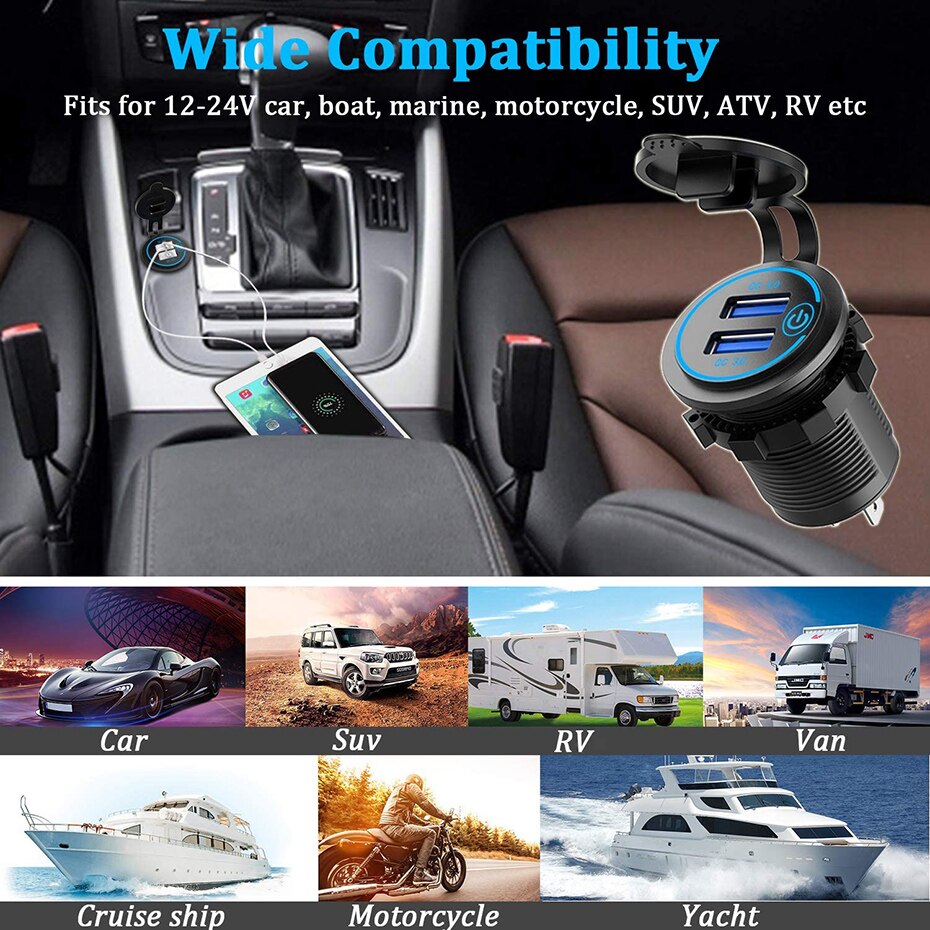 36W QC 3.0 Touch Switch Waterproof Universal Motorcycle Car Truck Boat Dual USB Charger Socket For Phone Tablet Camera GPS DVR - BsBuy
