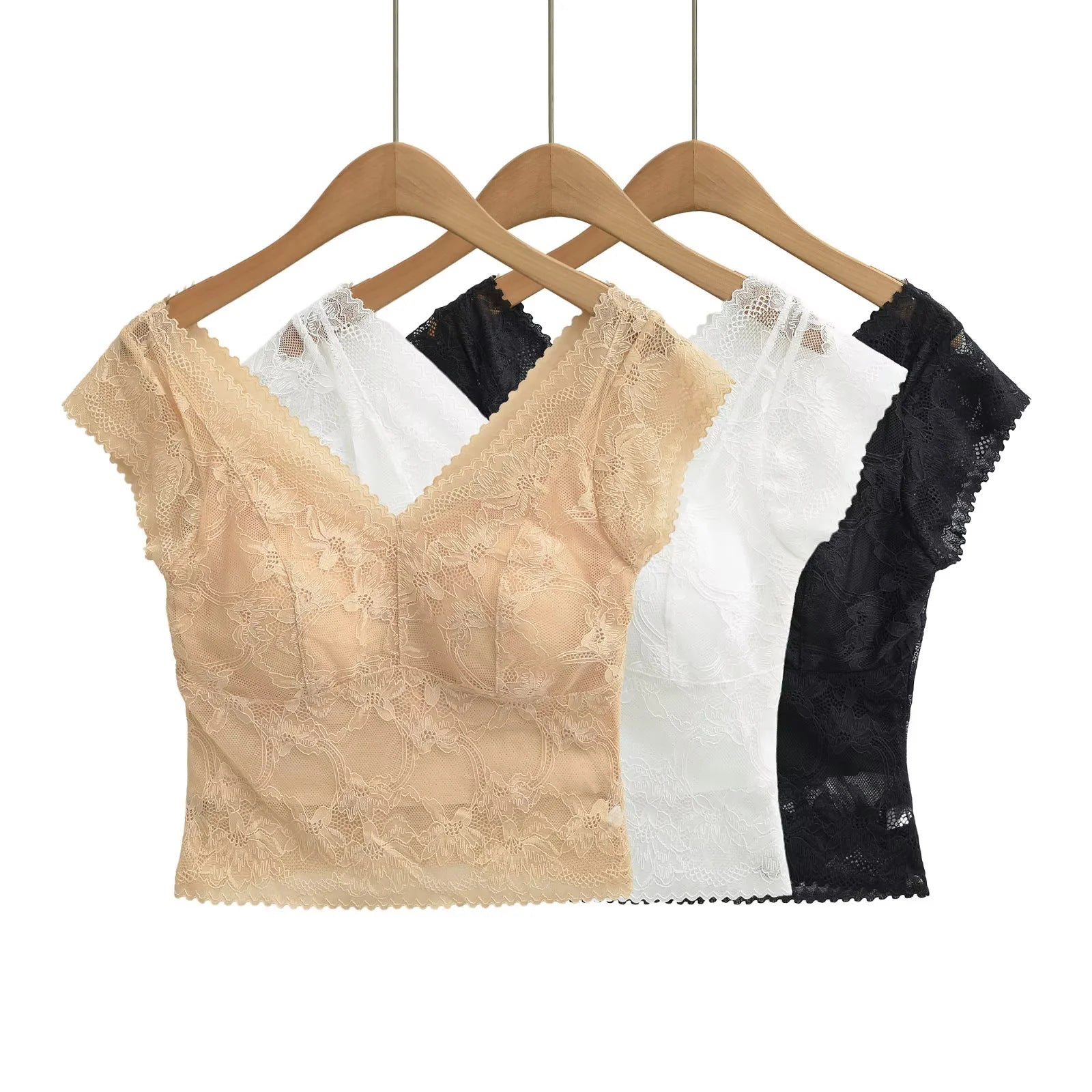V-Neck Lace Top with Built-In Bra — No Bra Needed | Short Sleeve | White, Black & Apricot - BsBuy