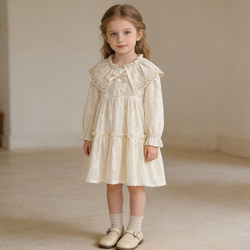 Girls' Dress Spring Autumn New French Lace Trim Large Turn-Down Collar Long Sleeve Princess Dress Children's Clothing - BsBuy