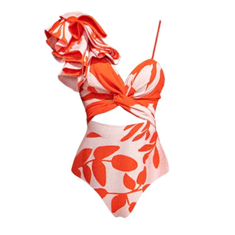 One-Shoulder Ruffle Swimsuit with Skirt — Printed Cut-Out One-Piece (S–XL) - BsBuy