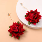3D Rose Drop Earrings — Handmade Fabric Floral Bridal & Bohemian Ear Jewellery - BsBuy