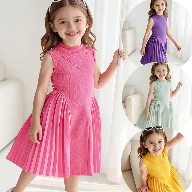 Charming Style Summer Pleated Spliced Waist-Cinching Sleeveless Dress with Necklace for Girls - BsBuy