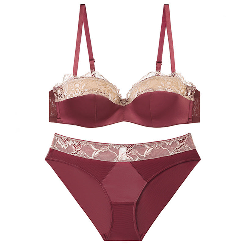 French Half-Cup Lace Gathering Bra Set — Seamless Smooth, Lift & Comfort | Pink, Nude, Red & Black - BsBuy