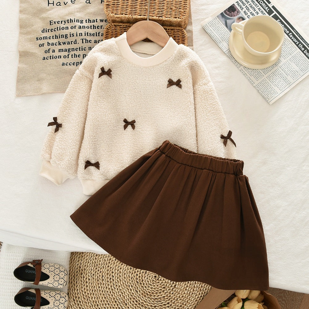 Child Girls Autumn Winter Set Dress with Bow, Beige Teddy Fleece Long Sleeve Top and Khaki Short Skirt Simple Two-Piece Set - BsBuy