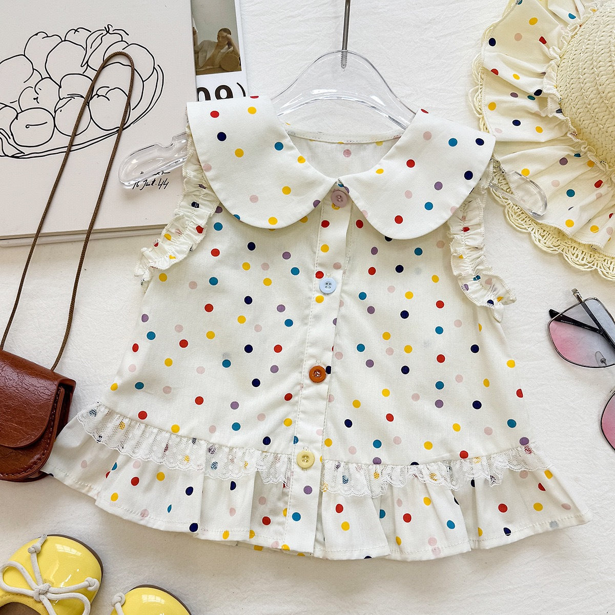 Cute Polka Dot Outfit for Girls, Baby Doll Collar Sleeveless Top with Layered Skirt Two-Piece Set, Fashionable Casual Wear - BsBuy
