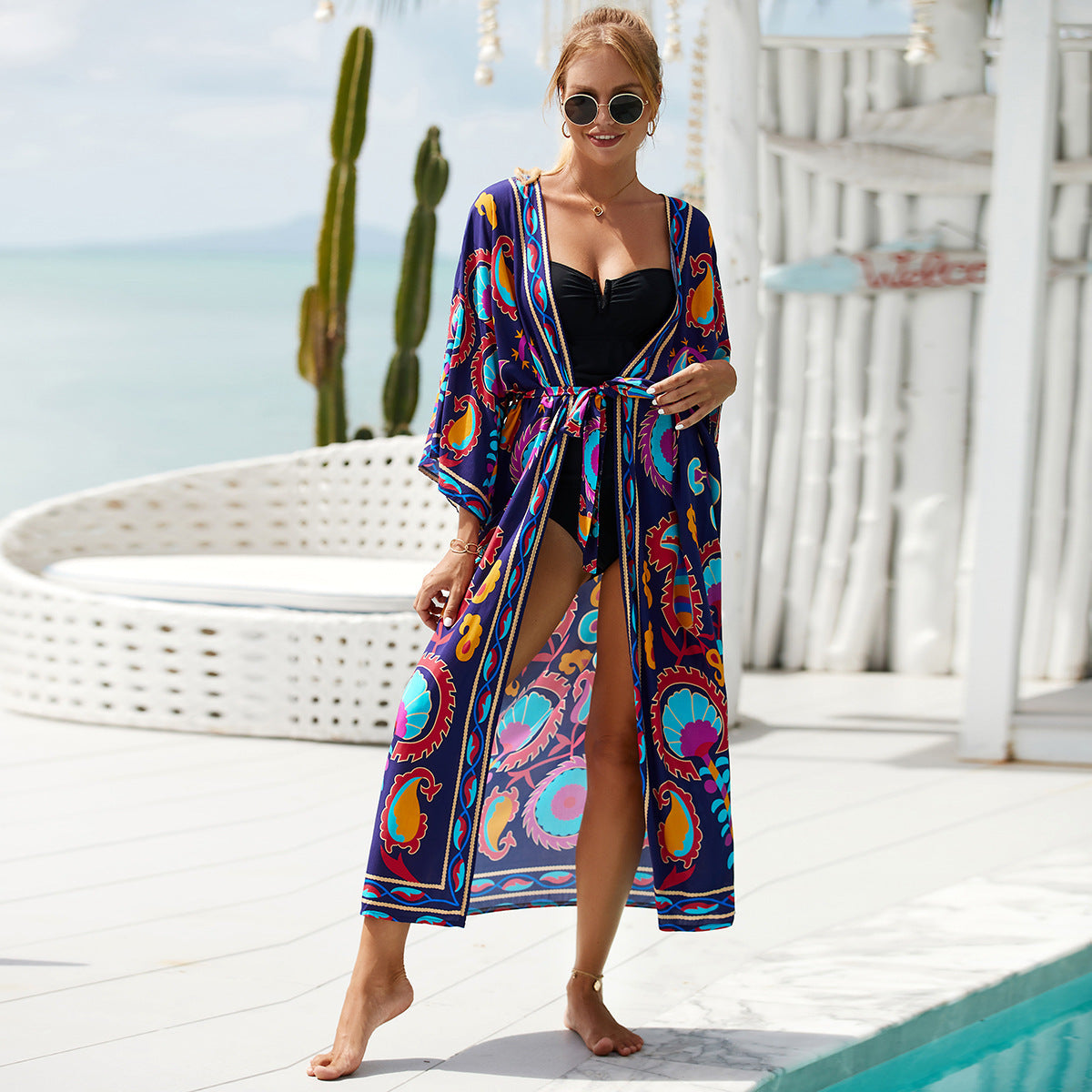 Printed Cotton Beach Cardigan — Lightweight Sun Protection Cover-Up - BsBuy