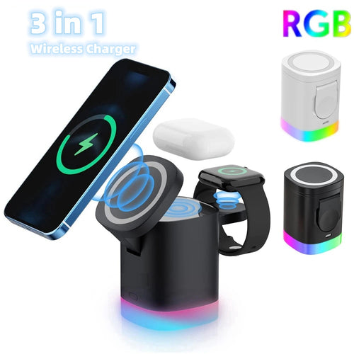3-in-1 Magnetic Wireless Fast Charger — RGB Charging Station for Phone, Watch & Earbuds