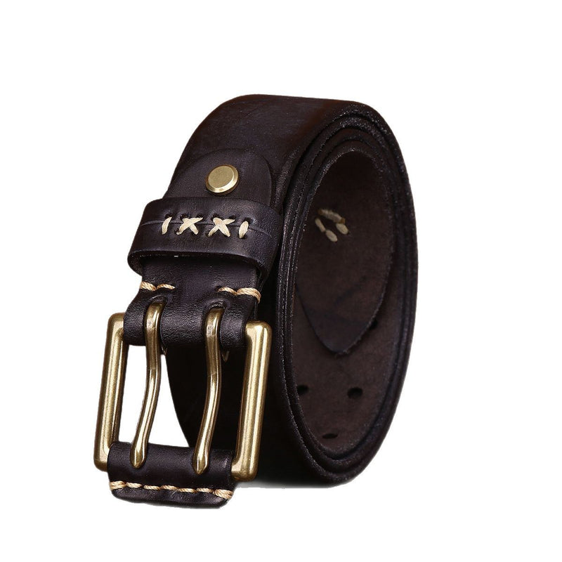 Retro Genuine Leather Belt – Top-Layer Cowhide with Copper Pin Buckle | Black, Brown & Khaki | 105–125cm - BsBuy