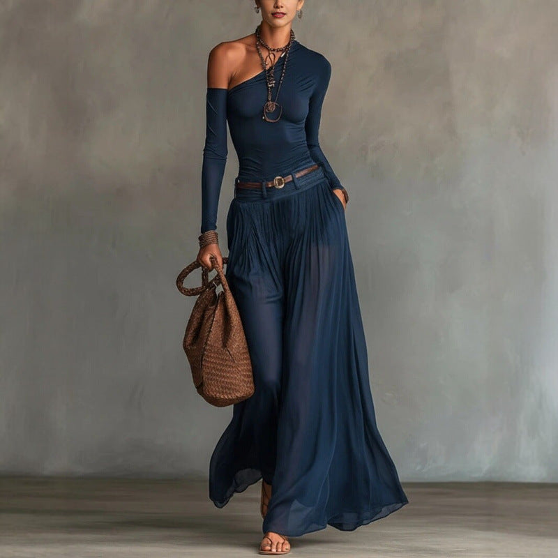 One-Shoulder Long Sleeve Maxi Dress – Elegant A-Line Draped Casual Dress | Navy Blue | XS–XXL - BsBuy