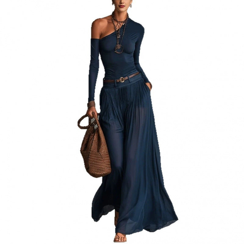 One-Shoulder Long Sleeve Maxi Dress – Elegant A-Line Draped Casual Dress | Navy Blue | XS–XXL - BsBuy