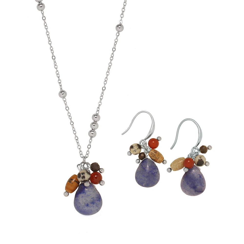 Natural Stone Necklace & Earrings Set – Retro Ethnic Teardrop Jewellery in Titanium Steel - BsBuy