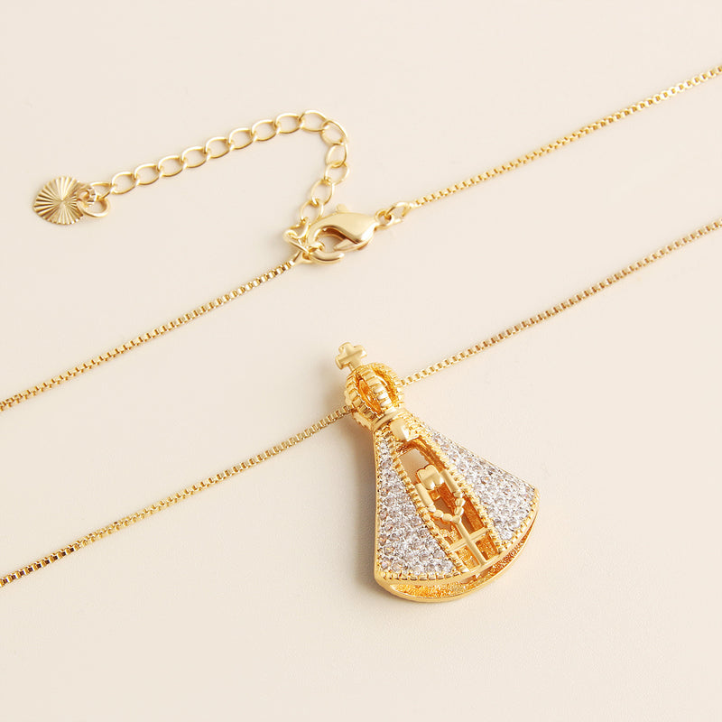 Double-Sided Madonna & Cross Necklace – Colourful Zircon Pendant on Adjustable Box Chain - BsBuy