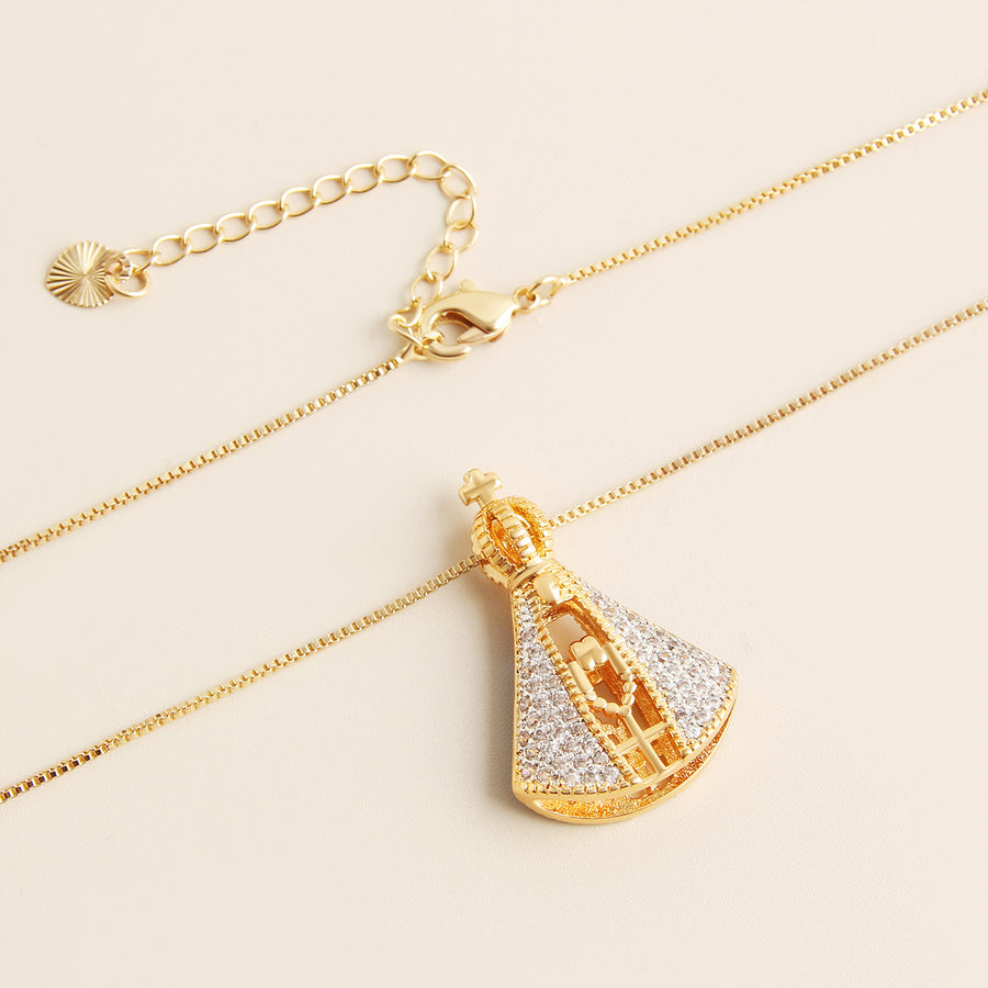 Double-Sided Madonna & Cross Necklace – Colourful Zircon Pendant on Adjustable Box Chain - BsBuy