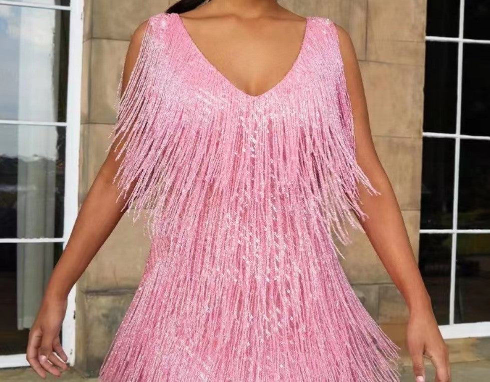 Sleeveless V-Neck Tassel Pencil Skirt Dress – Elegant Low-Cut Evening Wear in 7 Colours - BsBuy