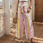 Womens Retro Floral Print Wide Leg Pants with Tie Waist