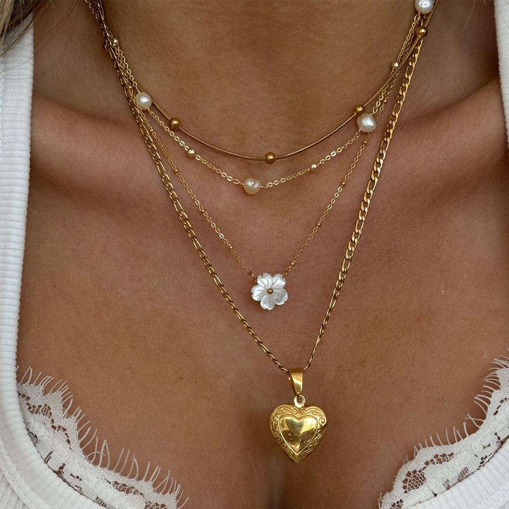 Natural Pearl Necklace Stainless Steel Layered Chain Heart Clasp Shell Pendant