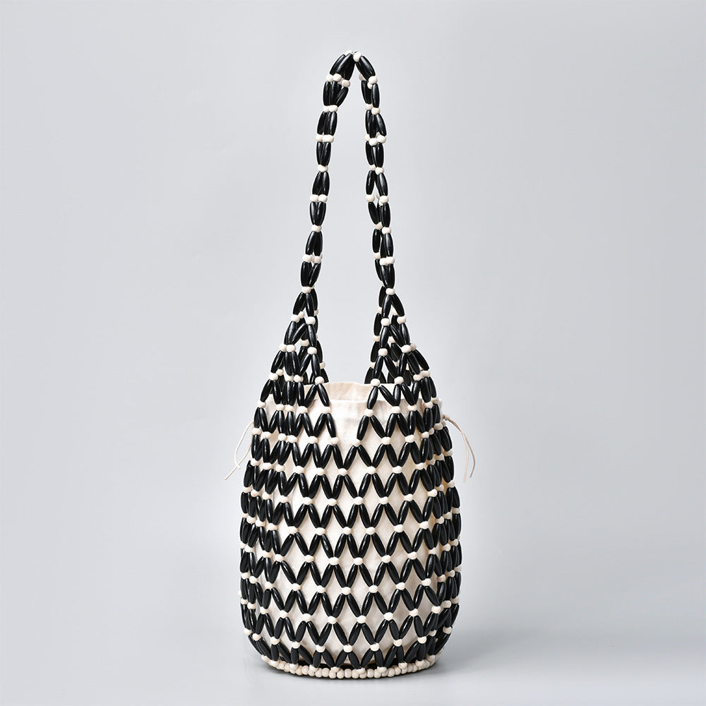 Women's Woven Bucket Bag – Hollow Wooden Bead Shoulder Bag - BsBuy