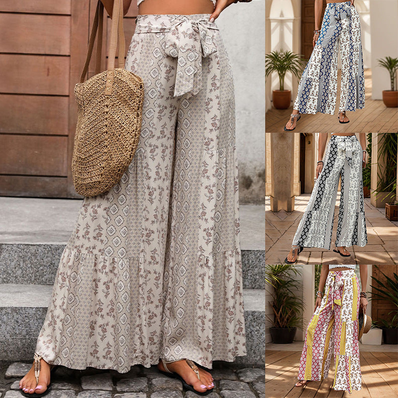 Womens Retro Floral Print Wide Leg Pants with Tie Waist