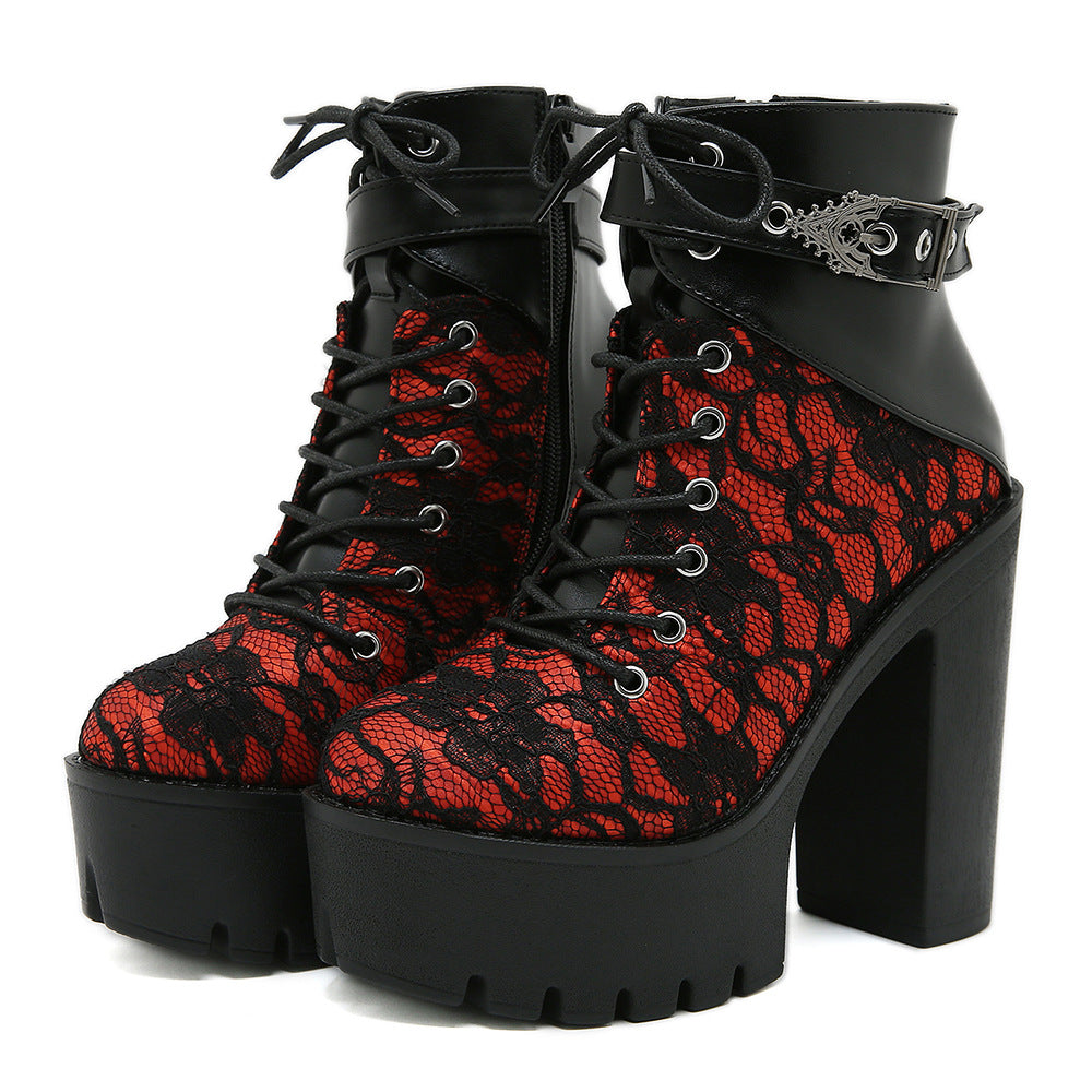 BsBuy Vintage Lace Platform Ankle Boots | Gothic Buckle | Thick High Heel | EU 35–42