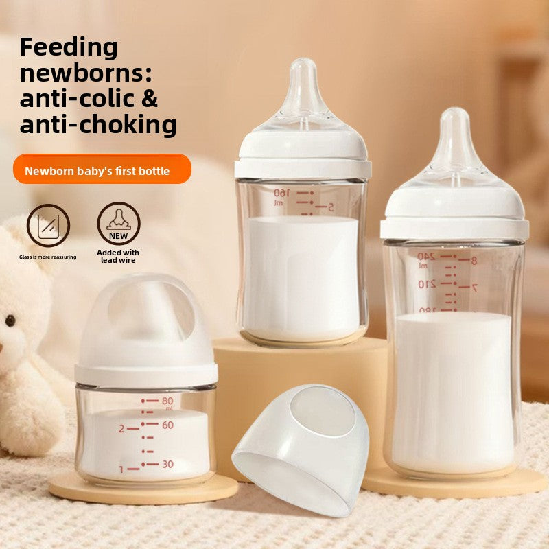 Wide Caliber Glass Baby Feeding Bottle — Anti-Choking Nipple, Breast-Feel Design for Newborns+ - BsBuy