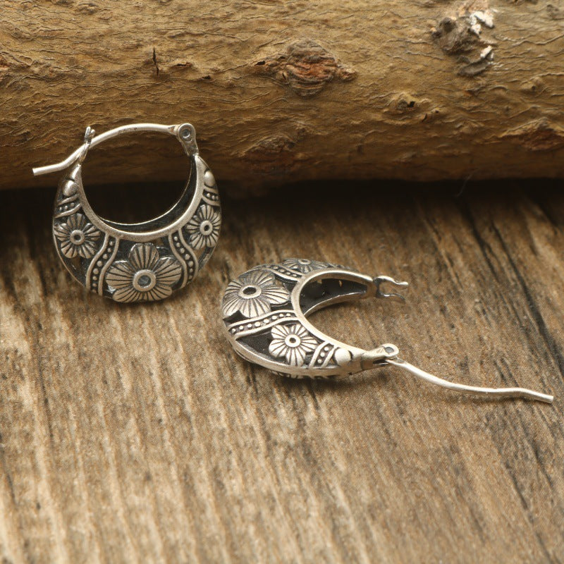 S925 Sterling Silver Floral Petal Earrings – Vintage Ethnic Style - BsBuy
